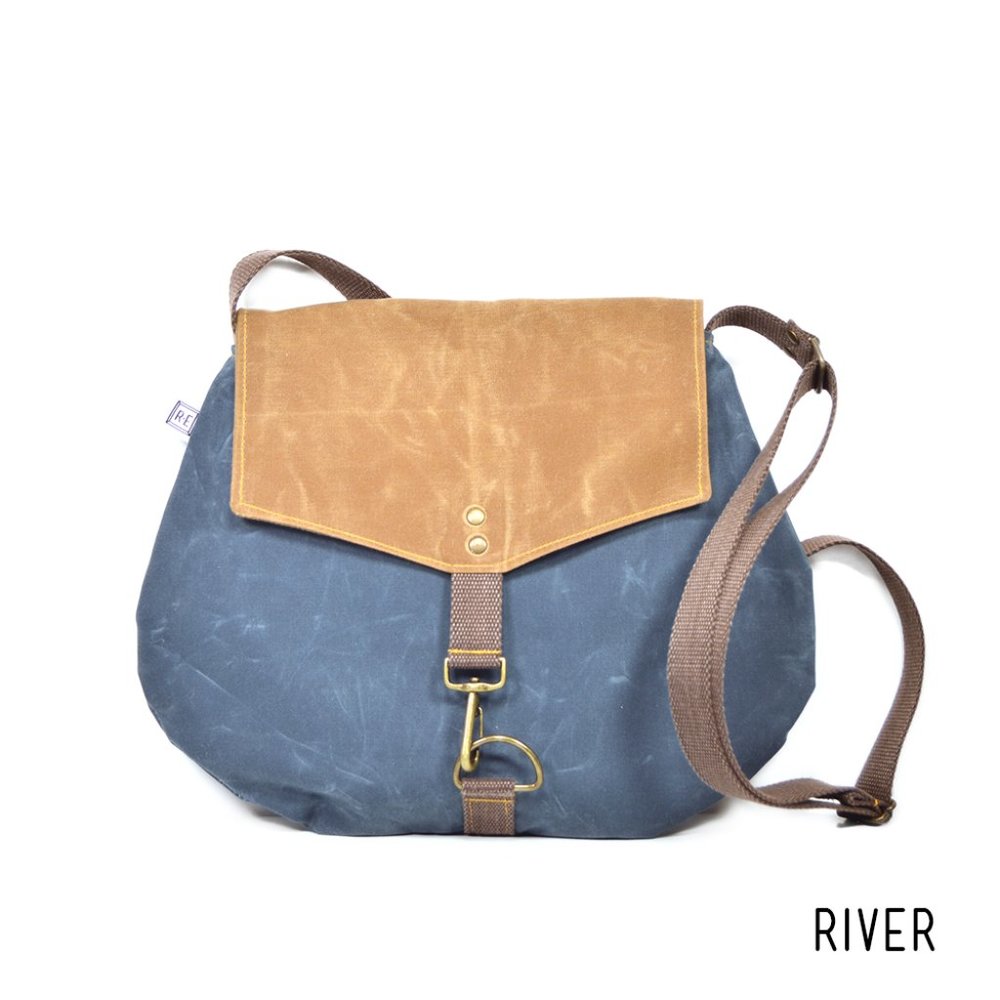 Rachel Elise Blue Tan Crossbody Satchel Waxed Canvas Faux Leather Vegan EUC
